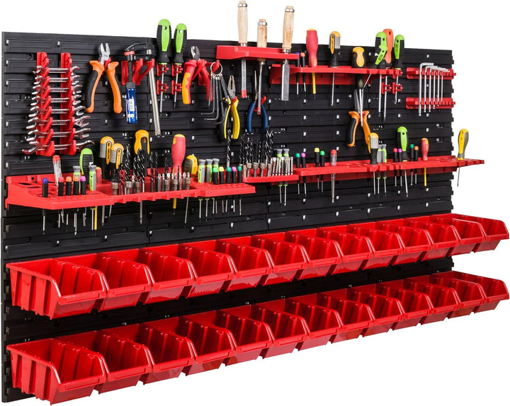 Lagersystem Werkstattregal | 156 x 78 cm | 26 stck. Box | Wandregal mit Werkzeughalterungen und Stap