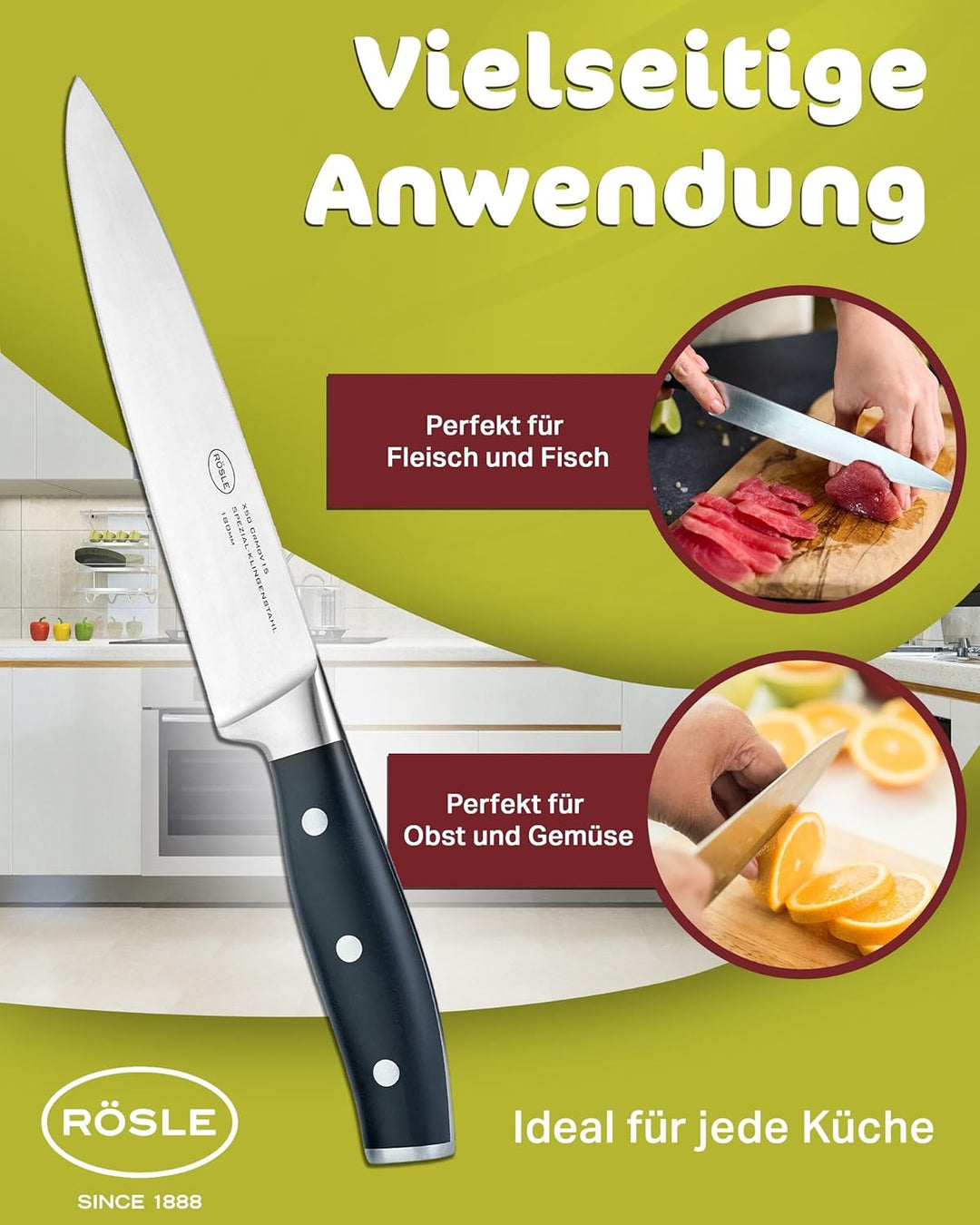 RÖSLE Fleischmesser Tradition, Hochwertiges Küchenmesser zum Schneiden aller Arten von Fleisch, Tran