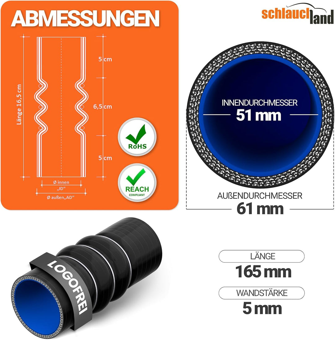 10 Stück | FLEX SILIKONSCHLAUCH 0-20° Winkel Verbinder ID-Ø 51mm blau 200°C | VIELE GRÖSSEN & FARBEN