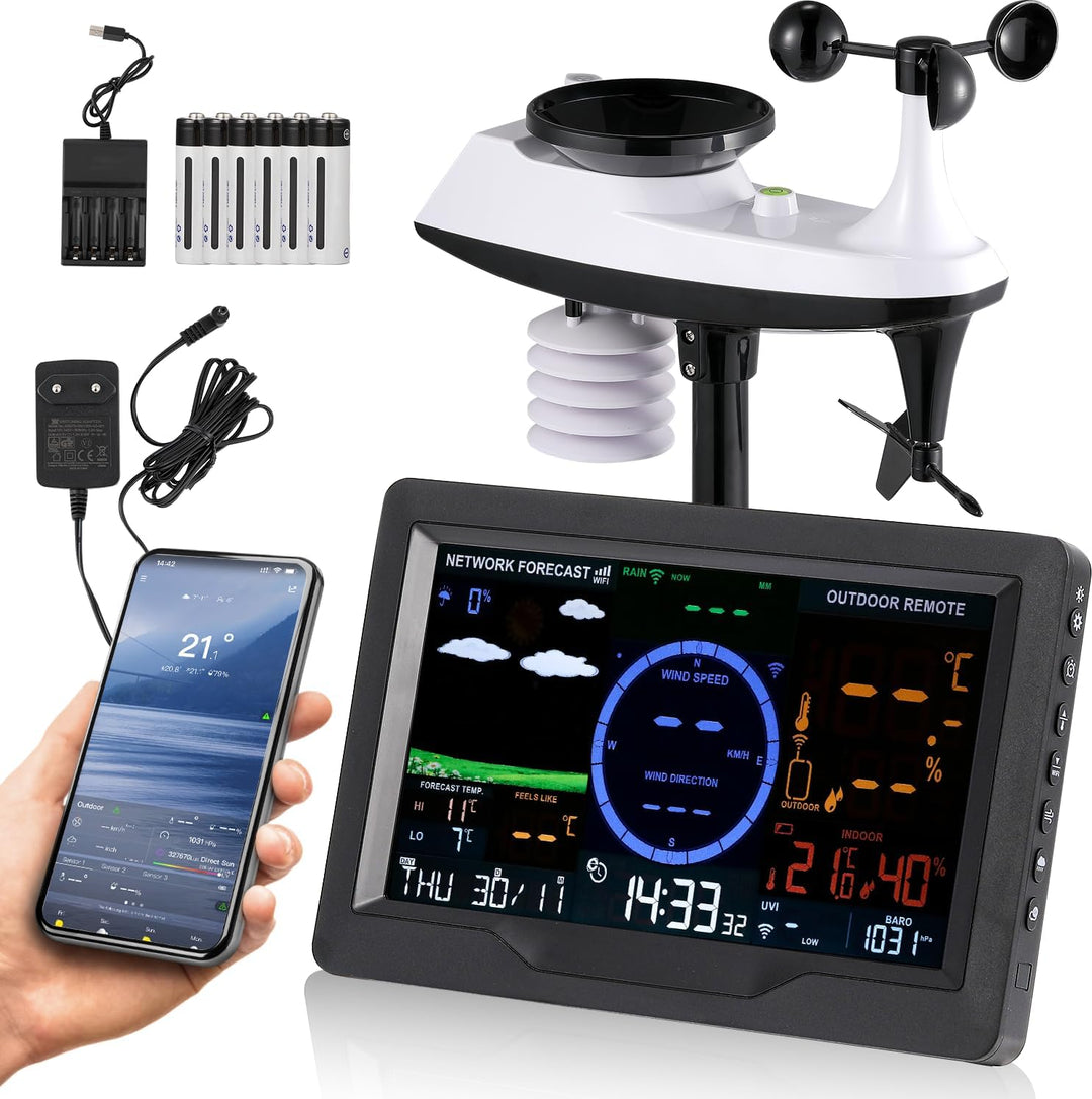 Bonvoisin Professional 7-in-1-Wetterstation mit Kabellosem, Solarbetriebenem Aussensensor, Farb-WLAN