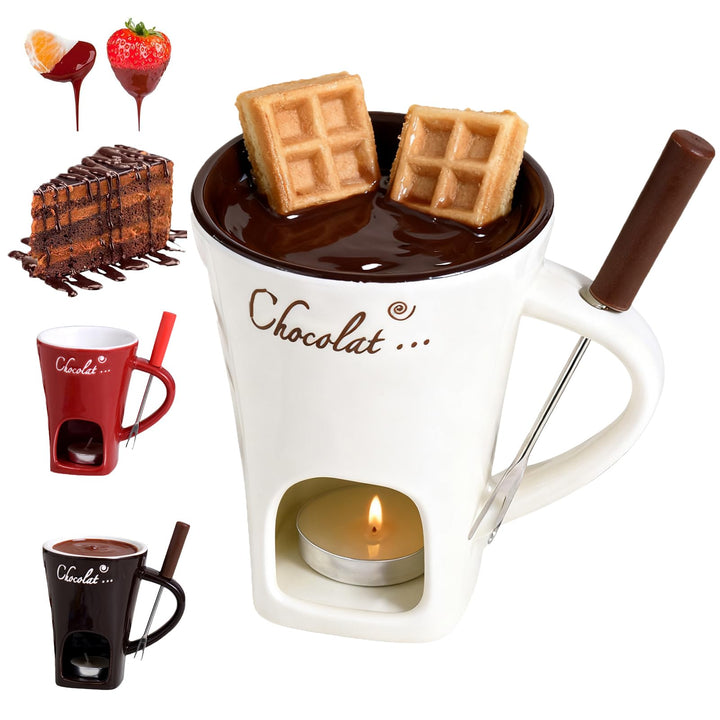 Schokoladen-Fonduetasse mit Gabeln, 130 ml, Schokoladenschmelzbecher, Keramik-Butterwärmer, Set, per
