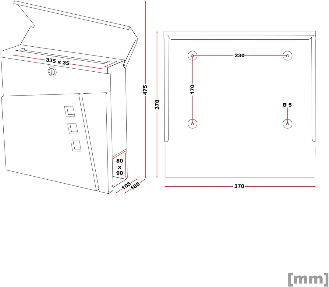 Wiltec Designer Briefkasten V24 Anthrazit 370 x 105 x 370 mm, Wandbriefkasten mit Schloss, Sichtfens