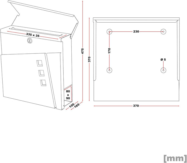 Wiltec Designer Briefkasten V24 Anthrazit 370 x 105 x 370 mm, Wandbriefkasten mit Schloss, Sichtfens