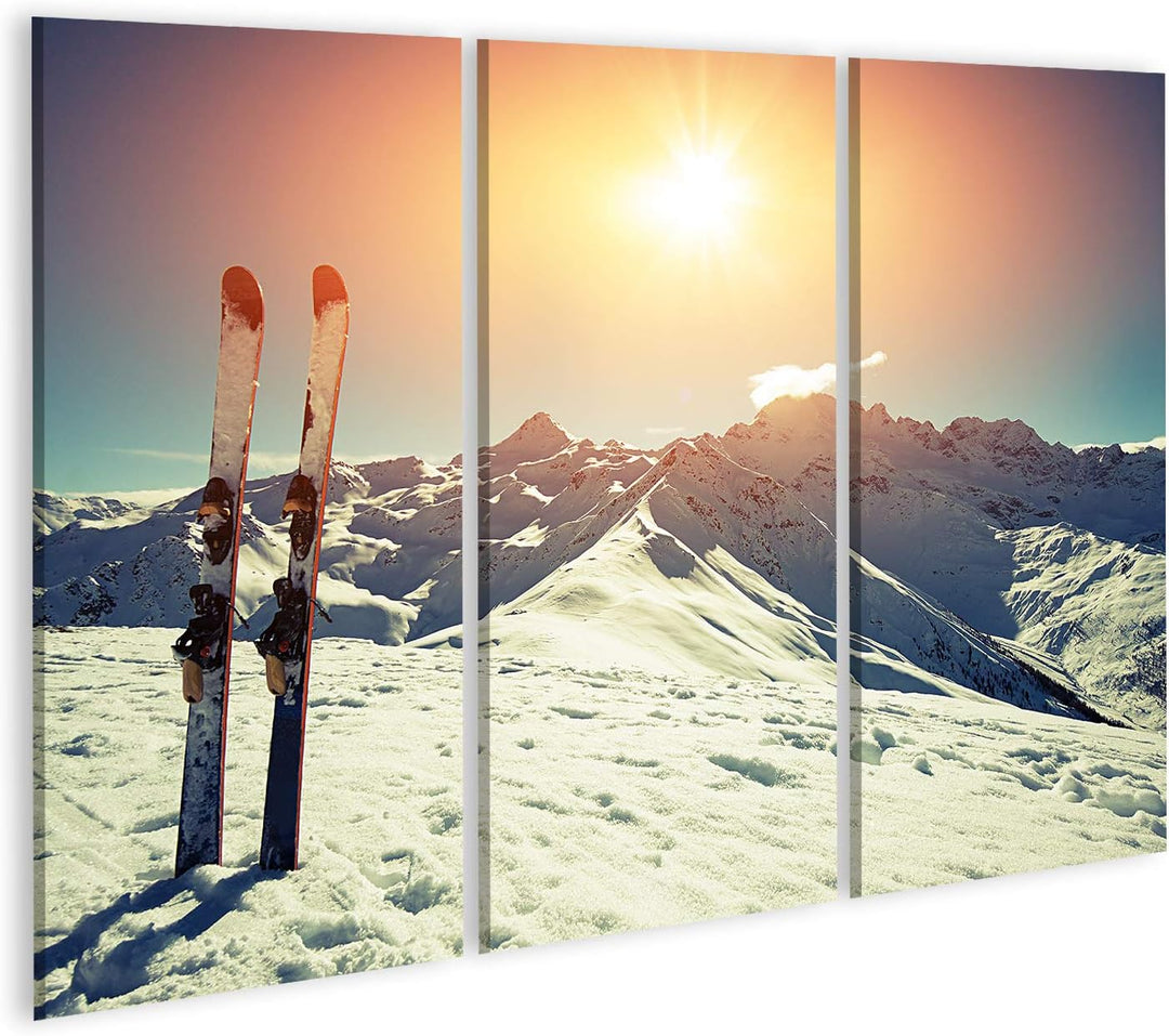 islandburner Bild auf Leinwand Ski Im Schnee Im Gebirge Bilder Wandbilder Poster 130x80cm - 3 Teile,