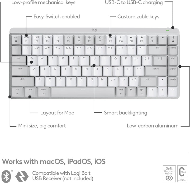 Logitech MX Mechanical Mini für Mac, Kabellose Tastatur mit Beleuchtung, Flache Tasten, Taktile leis