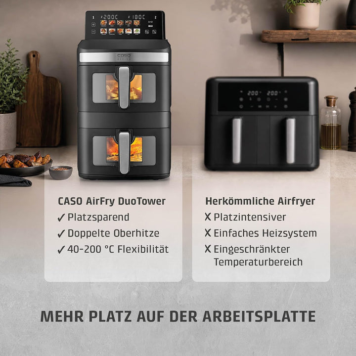 CASO AirFry Duo Tower, Doppel-Heissluftfritteuse, AirFryer, 12,4L (2x 6,2 L) vertikal, individuell e