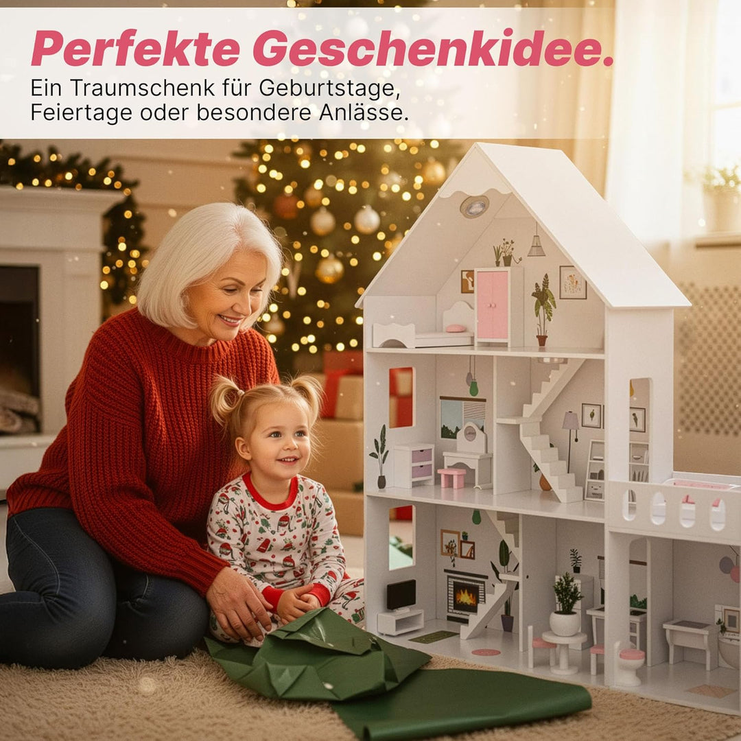 Barbie Puppenhaus Holz gross 118 cm – Kinderplay 3-stöckiges Puppenhaus für Kinder mit Möbeln, LED L