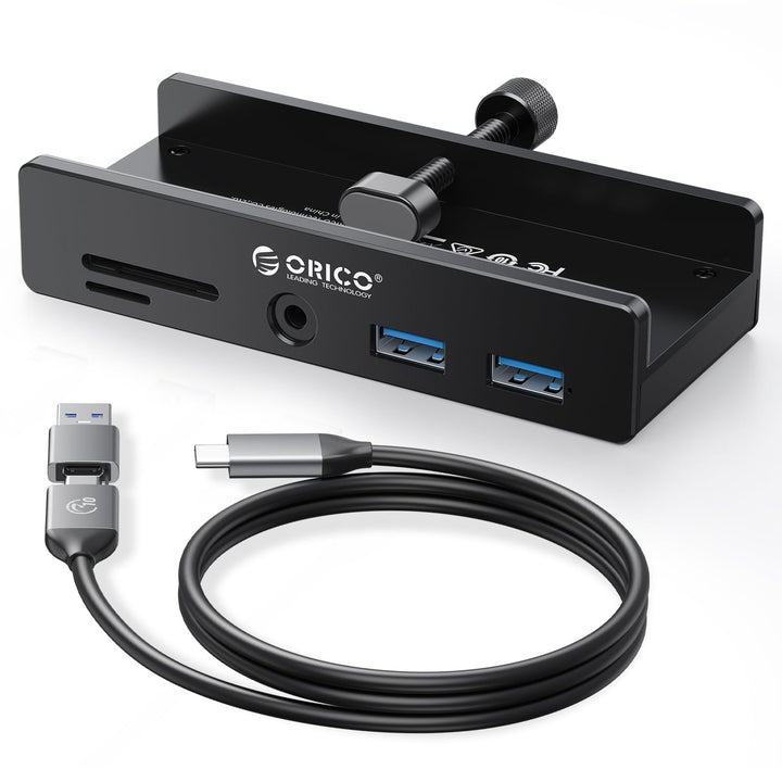 ORICO Clip-Typ USB Hub mit SD/TF Kartenleser, 5 in 1 USB Hub 3.0 mit 2 Typ A 3.0 Ports, 3.5 mm Audio