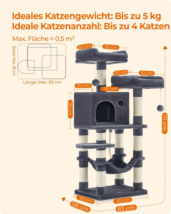 Feandrea Kratzbaum, 112 cm hoch, Katzenbaum mit 11 Kratzsäulen, 2 Plattformen, 1 Katzenhöhle, 1 Häng
