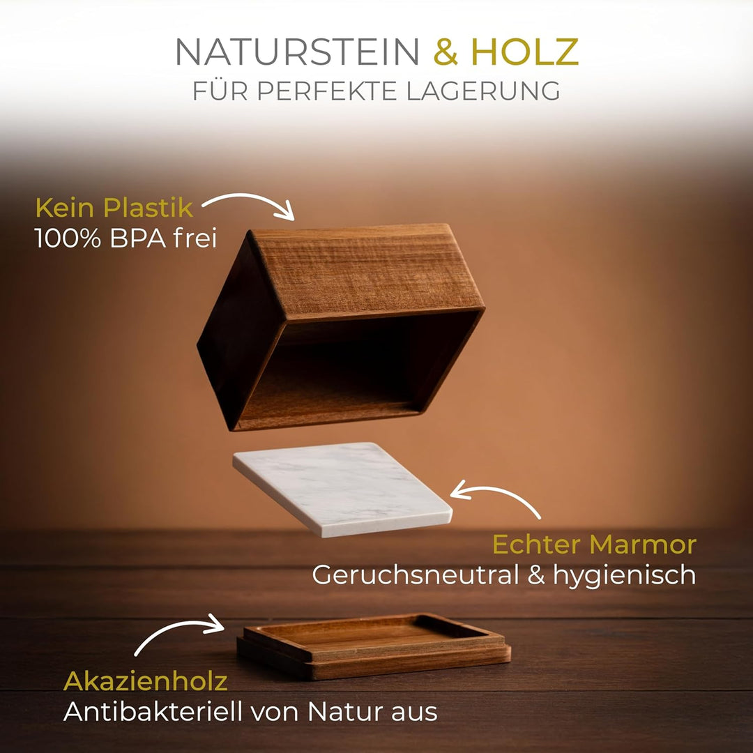 CALIDORO Butterdose Akazie mit Marmorplatte - Butterbox für streichzarte Butter (250g) - Holz Butter