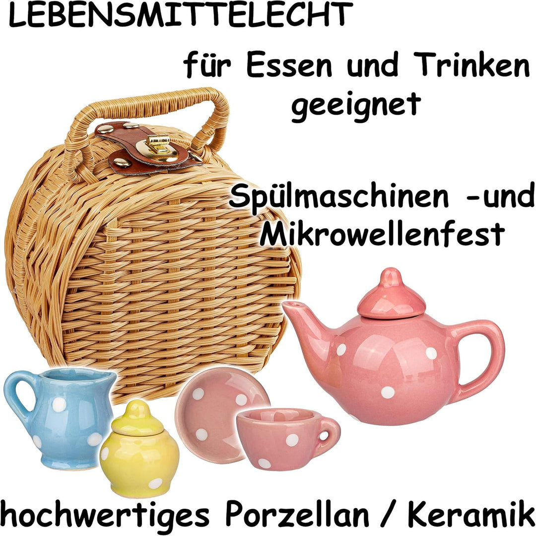 18 TLG. Set Picknick Korb - Puppengeschirr/Teeservice & Kaffeeservice - Bunte Punkte - Geschirr Porz