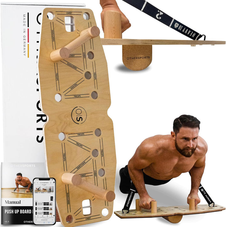 Liegestütze Brett aus Echtholz mit Fitness Bändern – Push up Board Fitnesstraining für gezielten Kra