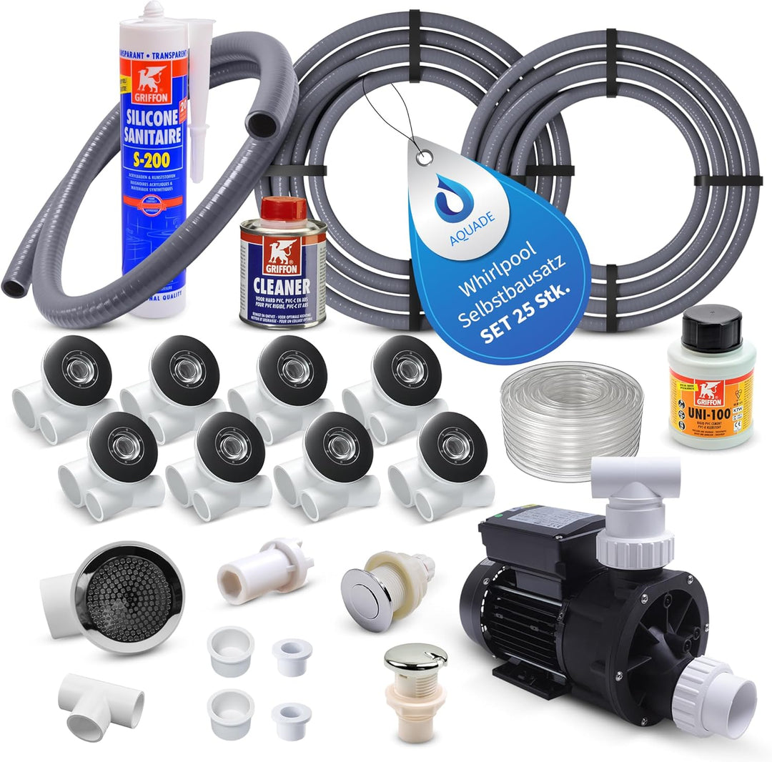 AQUADE Bausatz mit Whirlpool Düsen Set 8X , Whirlpool Pumpe , Schlauch Adapter Set , Pneumatikschlau