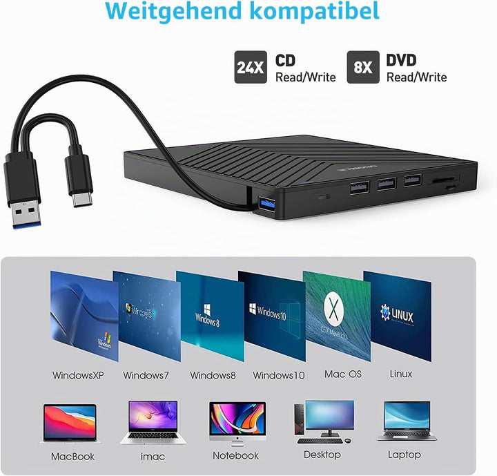 ORIGBELIE Externes DVD Laufwerk, ultraflacher CD-Brenner USB 3.0 mit 4 USB-Anschlüssen und 2 TF/SD-K