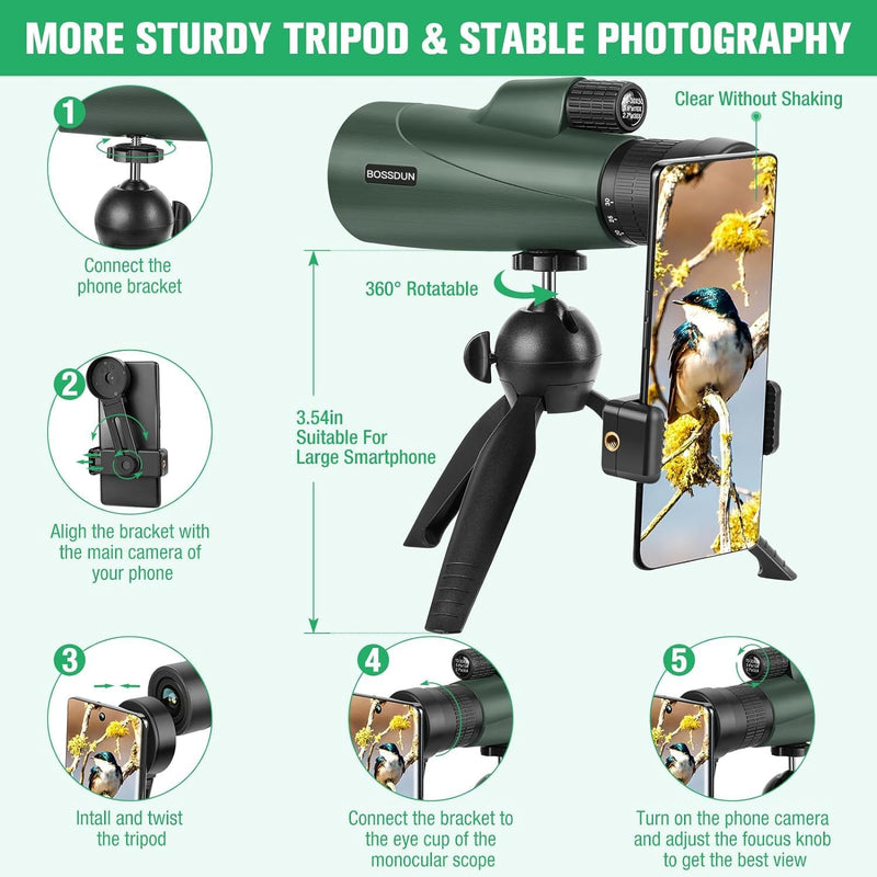 Zoom-Monokular-Teleskop, Hochleistungs-Monokular-Teleskop für Smartphone mit Stativ, HD-Monokular fü