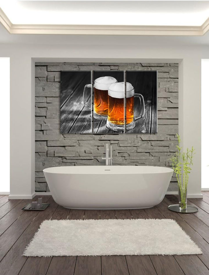 Pixxprint Zwei Masskrüge Bier als Leinwandbild | Grösse: 3 Teilig (120x80) | Wandbild| Kunstdruck |