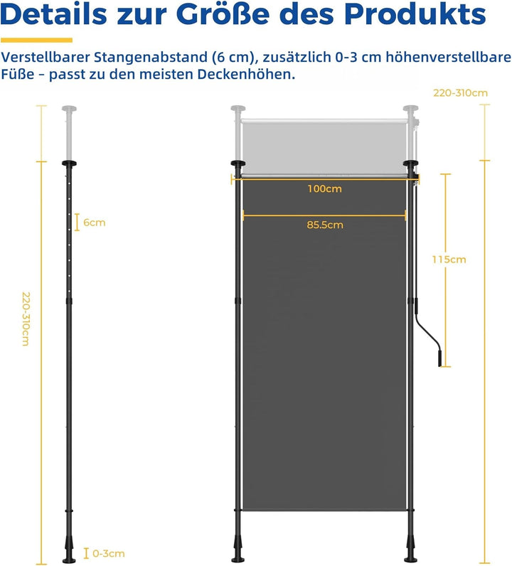 HOMEDEMO Senkrechtmarkise Aussen, Vertikalmarkise ohne Bohren, Balkonrollo mit Handkurbel, Sichtschu