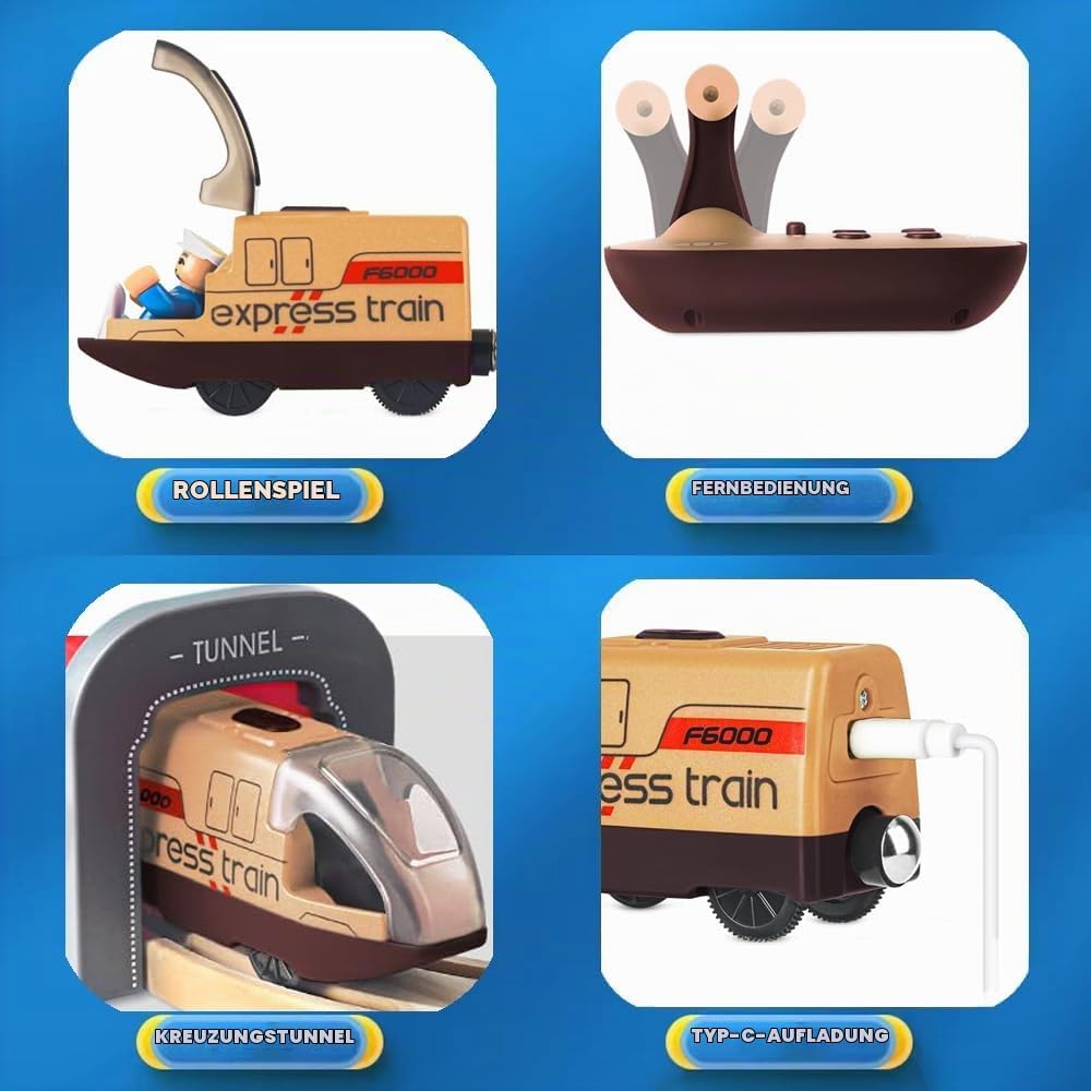 TOPLIVING Elektroeisenbahn für Holzschienen, ferngesteuerte Spielzeugeisenbahn, Motorisierte Eisenba