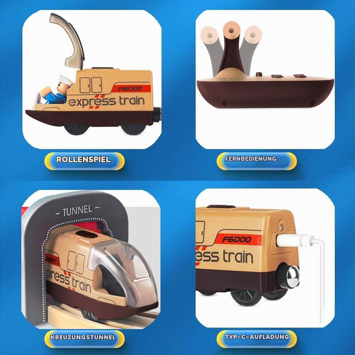 TOPLIVING Elektroeisenbahn für Holzschienen, ferngesteuerte Spielzeugeisenbahn, Motorisierte Eisenba