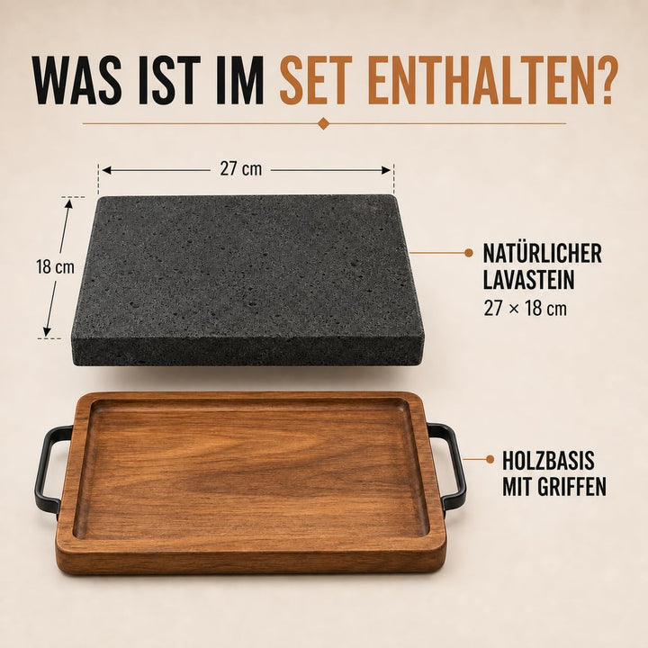 Lavastein Grillplatte mit Holztablett 27x18 cm – Heisser Stein für Steak &amp; Fleisch – BBQ Servierplat