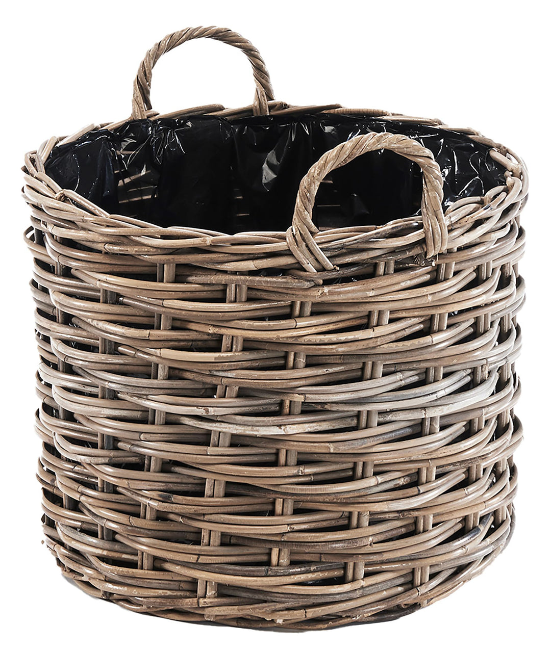 Kobolo Pflanzkorb KERT 43x43x43 cm, rund, Grauer Rattankorb mit Folie & Griffen, dekorativer Übertop
