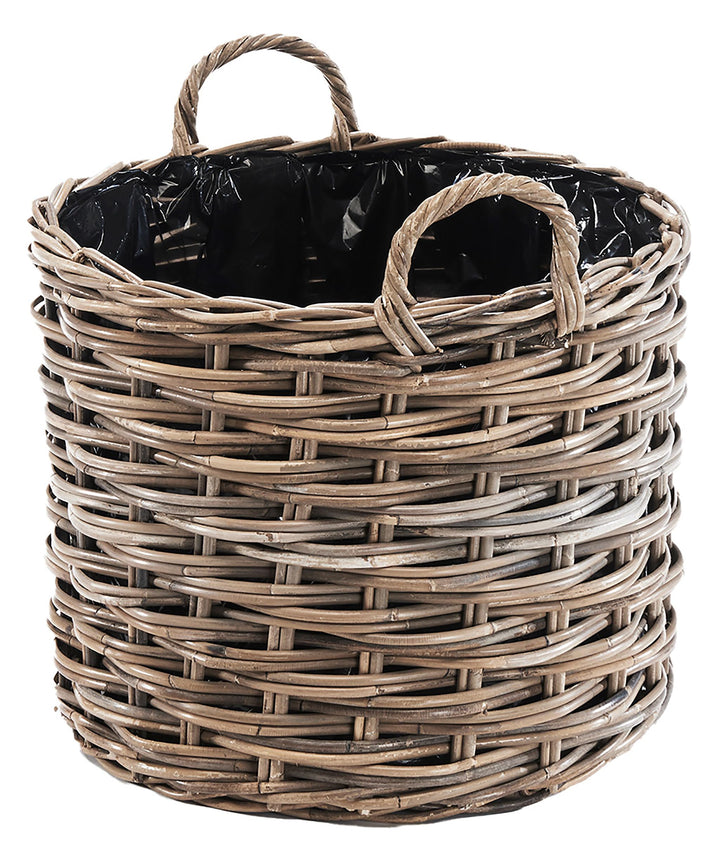 Kobolo Pflanzkorb KERT 43x43x43 cm, rund, Grauer Rattankorb mit Folie & Griffen, dekorativer Übertop