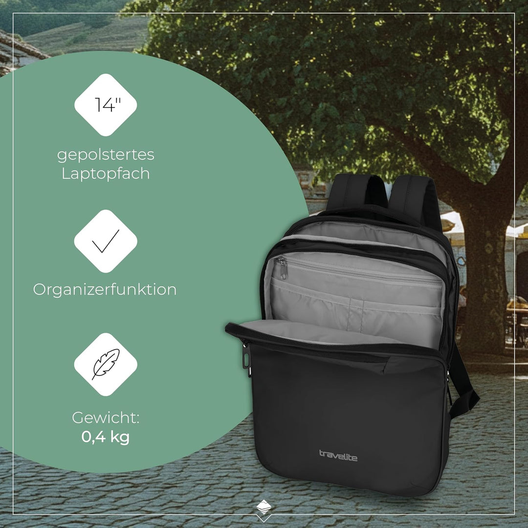 Travelite Handgepäck Rucksack, Laptopfach 13 Zoll, wasserabweisender Tagesrucksack mit Aufsteckfunkt