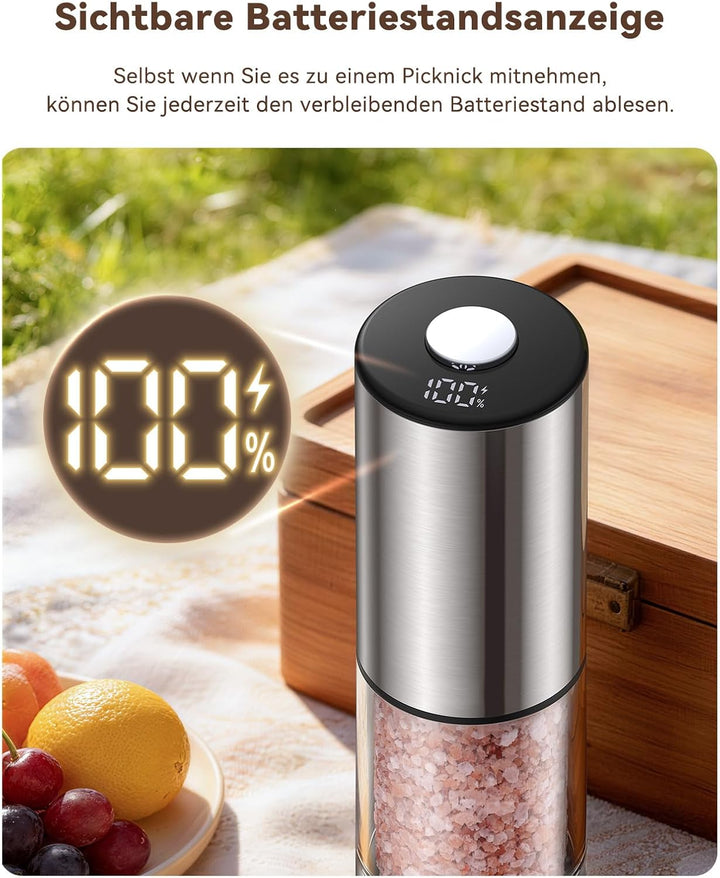 TOMEEM Elektrisches Salz- und Pfeffermühlen-Set, Type-C wiederaufladbar, LED-Akkuanzeige, Edelstahl-