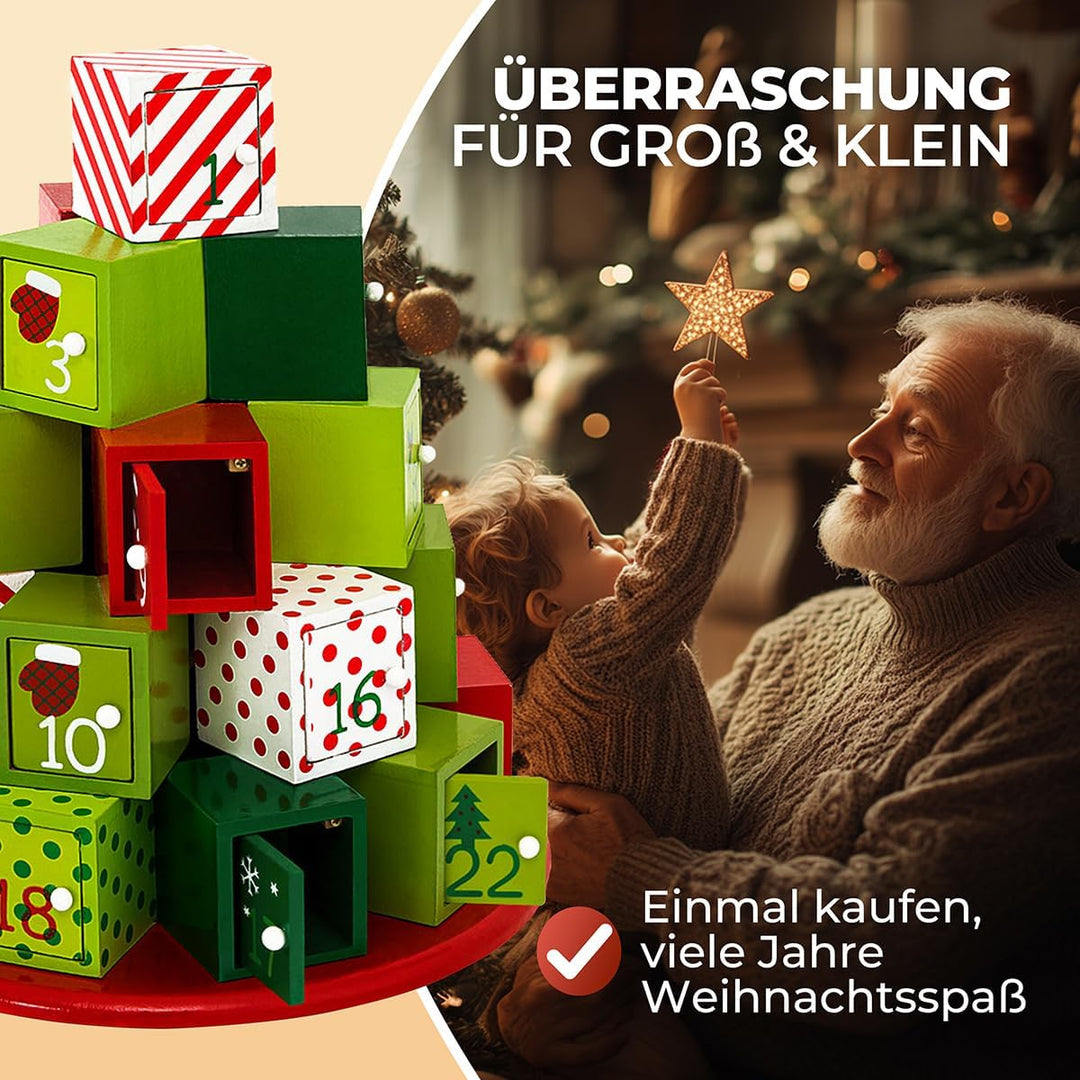 Spielwerk® Wiederverwendbarer Adventskalender Geschenleberg zum Befüllen 24 Türchen Bunt Bemalt Weih