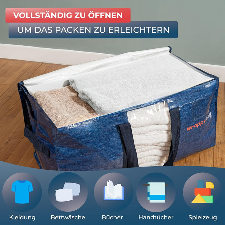 WRAPPYBAG im 4er-Pack Aufbewahrungstaschen in XXL-Format – Sichtfenster – Taschen für Umzug/Reise –