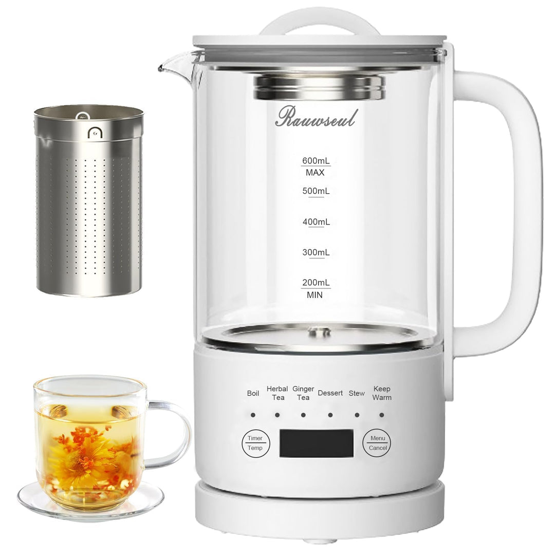 Glas Elektrisch Wasserkocher 0,6L 500W, 40-75°C Einstellbare Temperatur, 24-Stunden-Timer, Touch-Bed