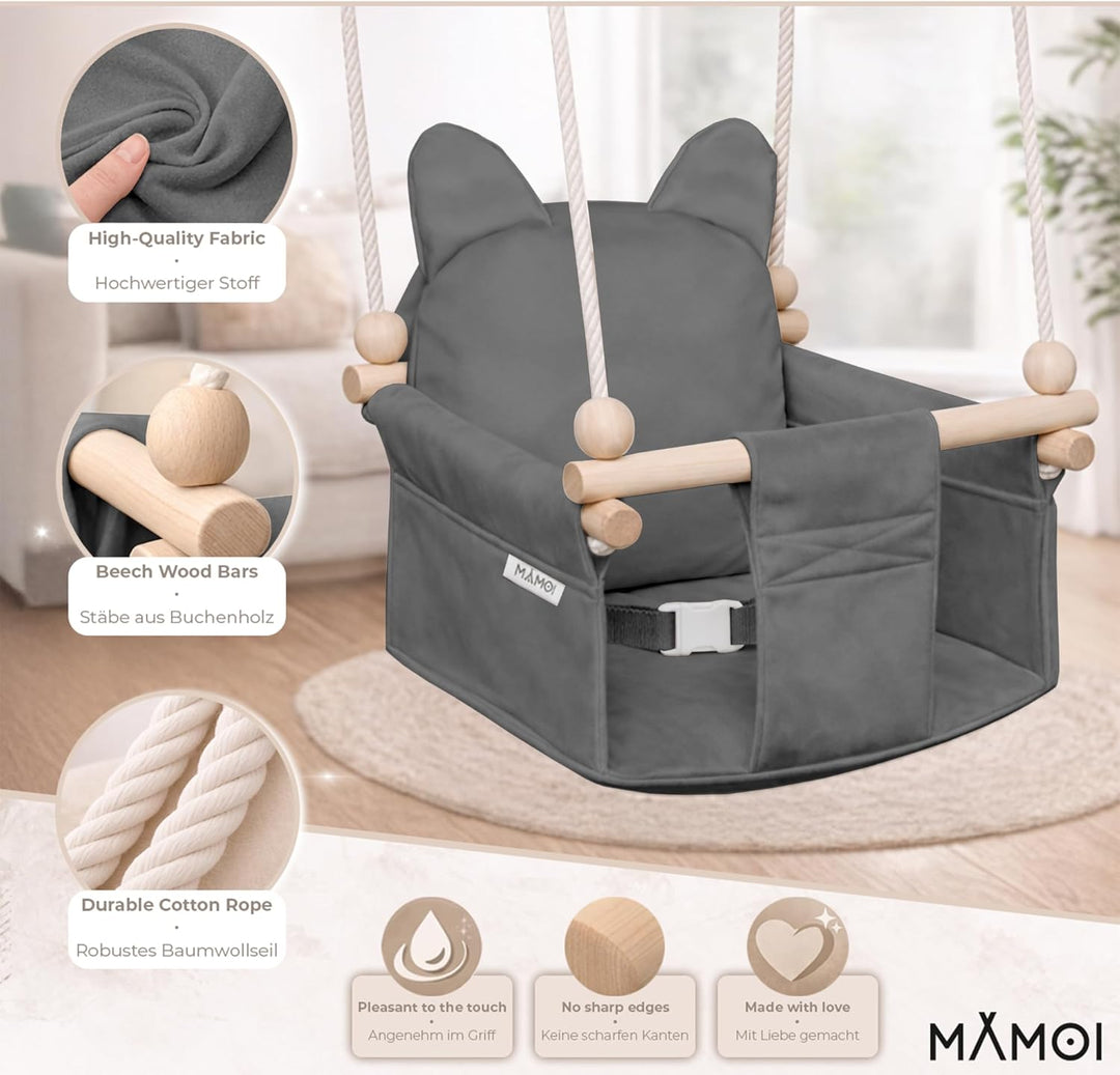 MAMOI® Babyschaukel Kinderschaukel Holz + SICHERHEITSGURT, Schaukel für Kinder Garten Indoor Outdoor