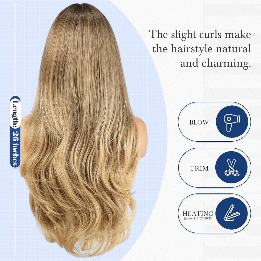 HAIRCUBE Lange blonde gemischte braune Perücke mit Pony, geschichtete lockige Perücken für Frauen, n
