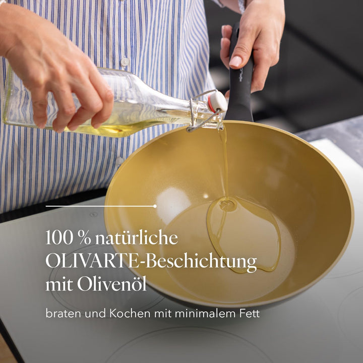 Florina AMVEGAN Aluminiumbratpfanne WOK 28 cm I Hohe Haltbarkeit I Olivenöl-Keramikbeschichtung I Ei