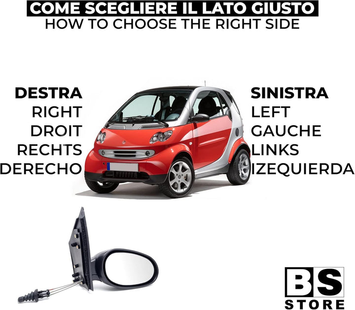 BSSTORE Rückspiegel für Sm@rt FORTWO von 1998 bis 2006 (450) Komplett mit Mechanischer Einstellung (