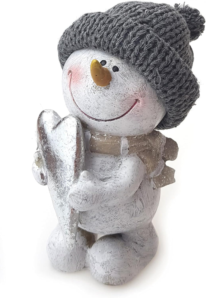 TEMPELWELT Deko Figur Schneemann mit Herz 14 cm, Keramik grau weiss, Dekofigur Schneemannfigur Winte