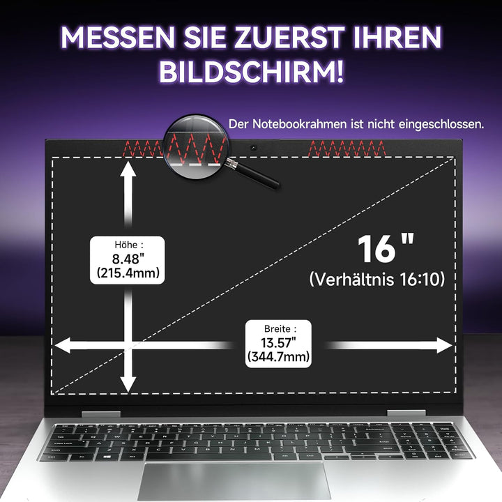 Blickschutzfolie für Laptop 16 Zoll 16:10, Anti Glare &amp; Blaulichtfilternd, Mit Randseitigen Klebestr