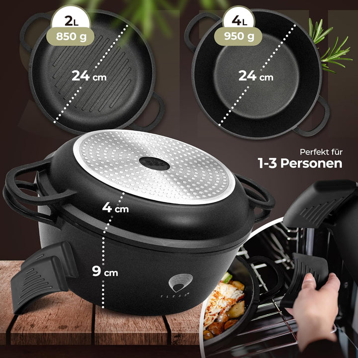 TLESS® 2in1 Aluguss Bräter mit Deckel backofengeeignet | Schmorpfanne & Schmortopf oder als Bratento