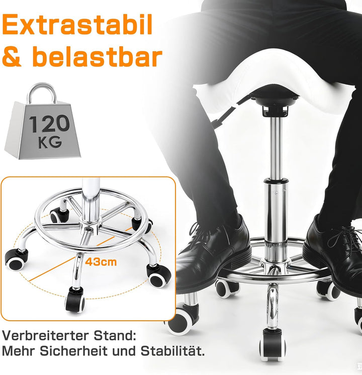 Sattelhocker mit Lehne – 360° drehbarer Hocker mit Rollen und verstellbarer Fussstütze | Sattelhocke