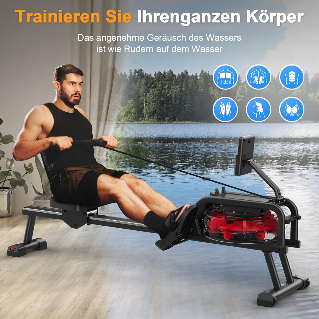Neezee Rudergerät für zuhause, Rudergerät Wasser mit Professioneller Tablet-Halterung, Max 150kg Bel