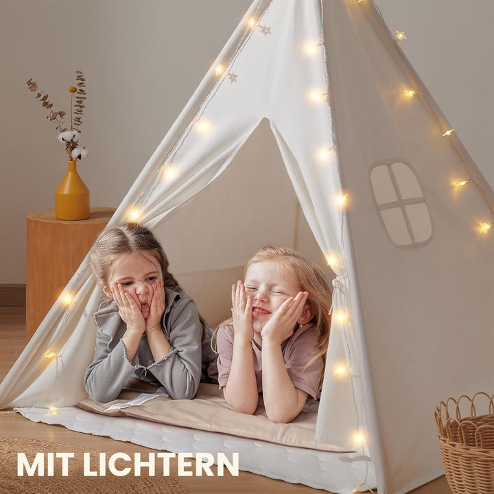 Tiny Land Tipi Spielzelt für Kinder mit Gepolsterter Decke & Lichterkette & Aufbewahrungstasche Baum