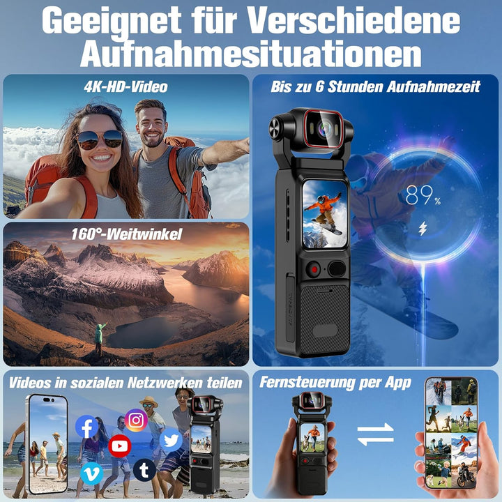Vlogging Wifi Action Kamera 4K, 160°-Sport Actionkamera, Tragbare Taschenkamera mit um 180° Drehbare