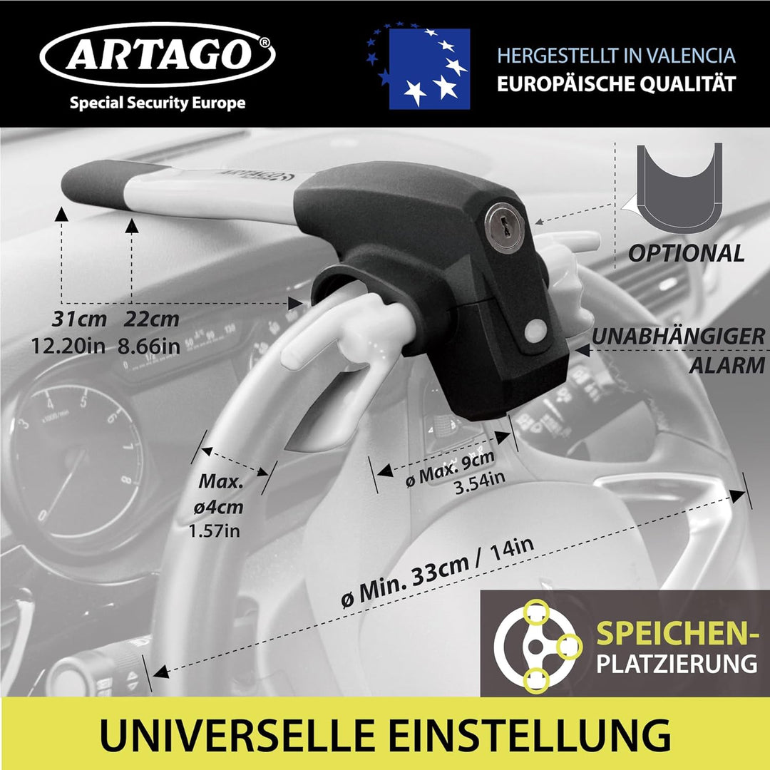ARTAGO 870 Lenkradschloss mit Alarm, Lenkradkralle Lenkradsperre 2 in 1 Diebstahlsicherung Lenkrad A