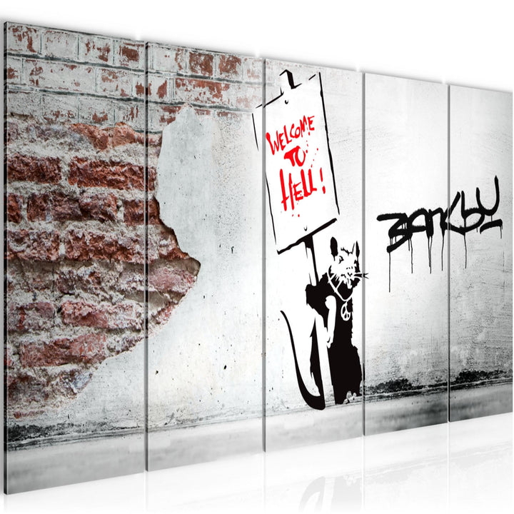 Runa Art Bild Banksy Graffiti Zitat Ratte mit Shild Wandbilder auf Vlies Leinwand 5 Teilig Wanddekor