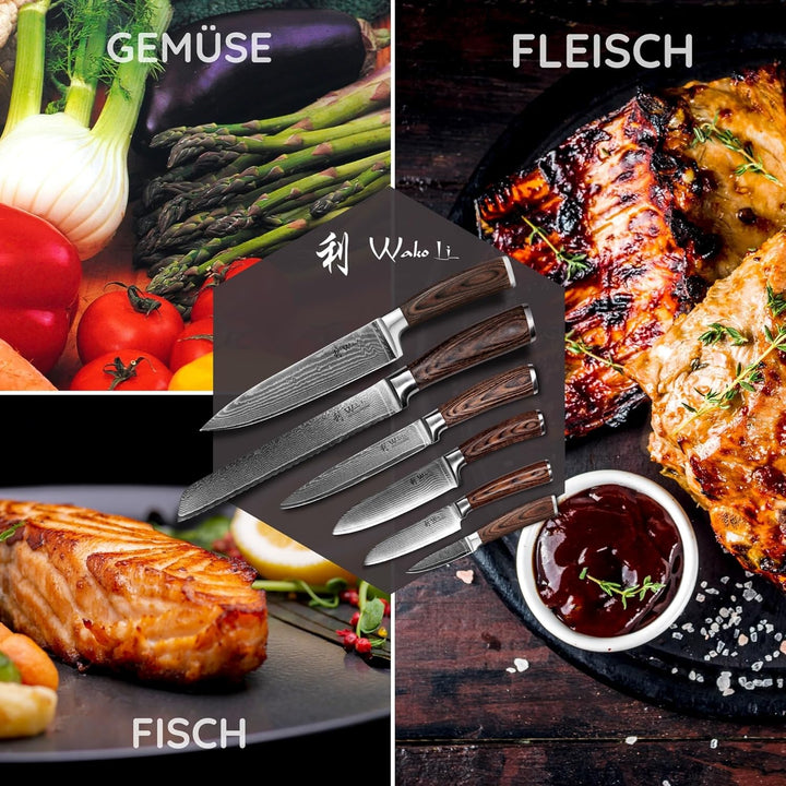 Wakoli EDIB Damastmesser Set 6-teilig mit Gravur Küchenmesser Set aus 67 Lagen Damaststahl mit VG10-