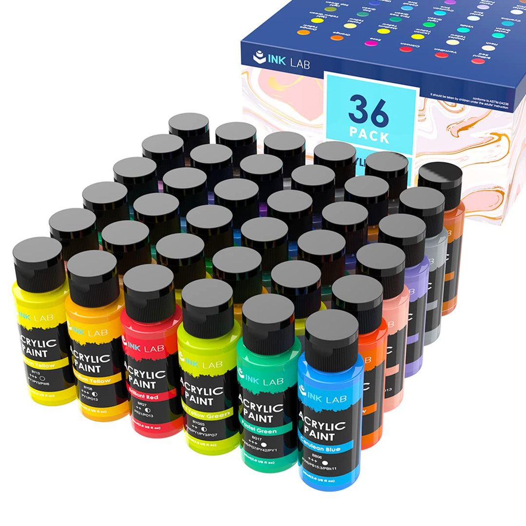 INK LAB Acrylfarbe Set 36 Farben Waschfeste Acryl Farben Künstlerfarbe Malfarben Ungiftig Ideal für