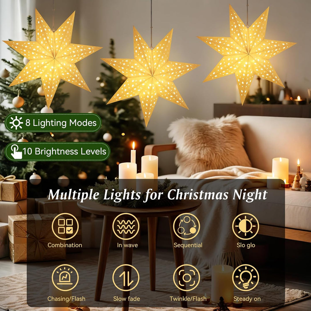 Lewondr Weihnachts Papierstern Laterne 3PCS, Hängende 7-Zackige Sternenlichter mit Ausgeschnittenen