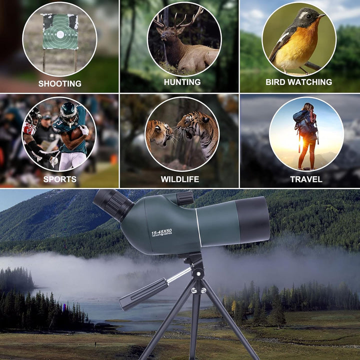 15-45x50 Spektiv mit Stativ, Tragetasche und Smartphone Adapter, HD Wasserdichtes Monokularfernrohr
