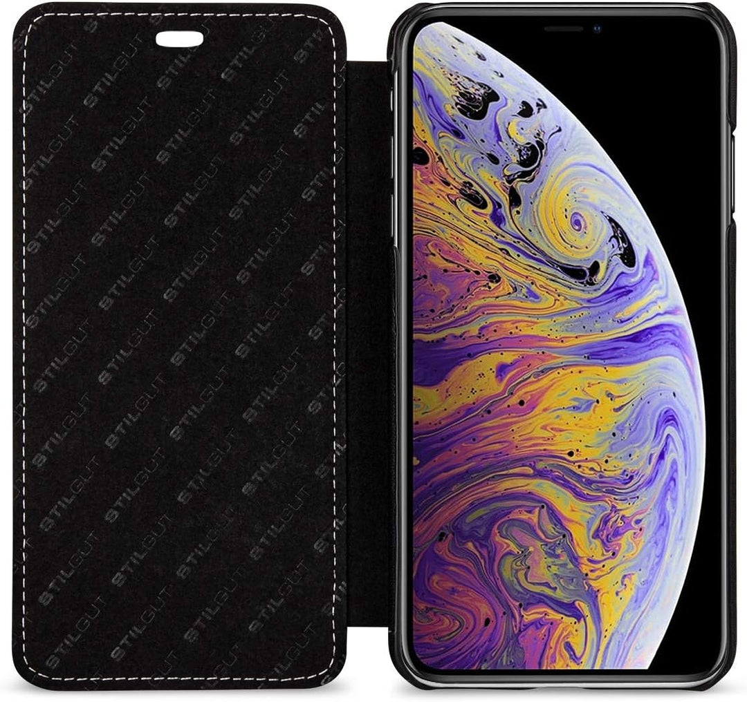 STILGUT Schutz-Hülle kompatibel mit iPhone XS Max Book Type aus Echtleder, schwarz Nappa, schwarz Na
