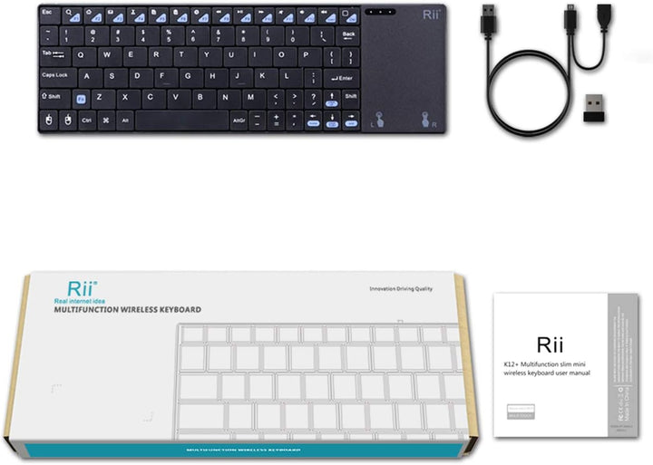 Rii K12+ Mini Wireless Tastatur mit grossem Touchpad Maus &amp; QWERTY Tastatur, Edelstahl, tragbar, kab